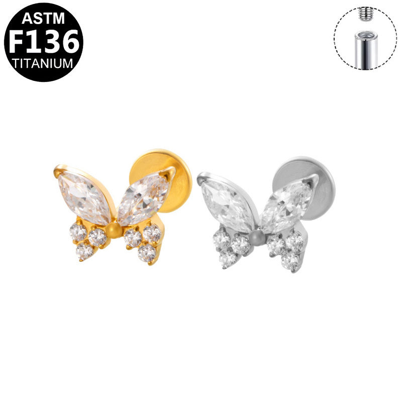 ASTM F136 Titanium 16G Internal Thread Labret Stud Marquise & Round CZ Butterfly Helix Cartilage Hypoallergenic Piercing Jewelry