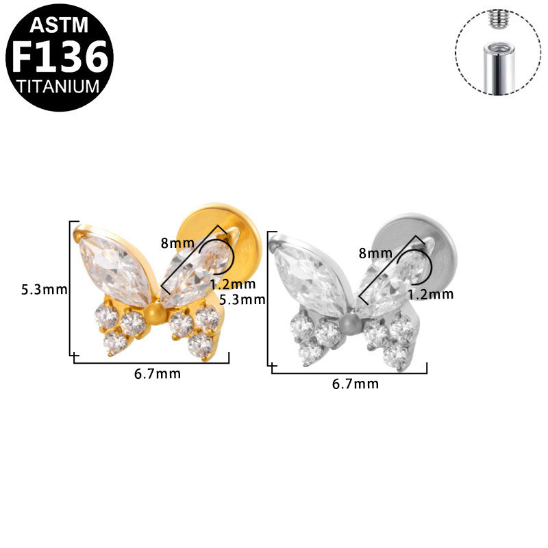 ASTM F136 Titanium 16G Internal Thread Labret Stud Marquise & Round CZ Butterfly Helix Cartilage Hypoallergenic Piercing Jewelry