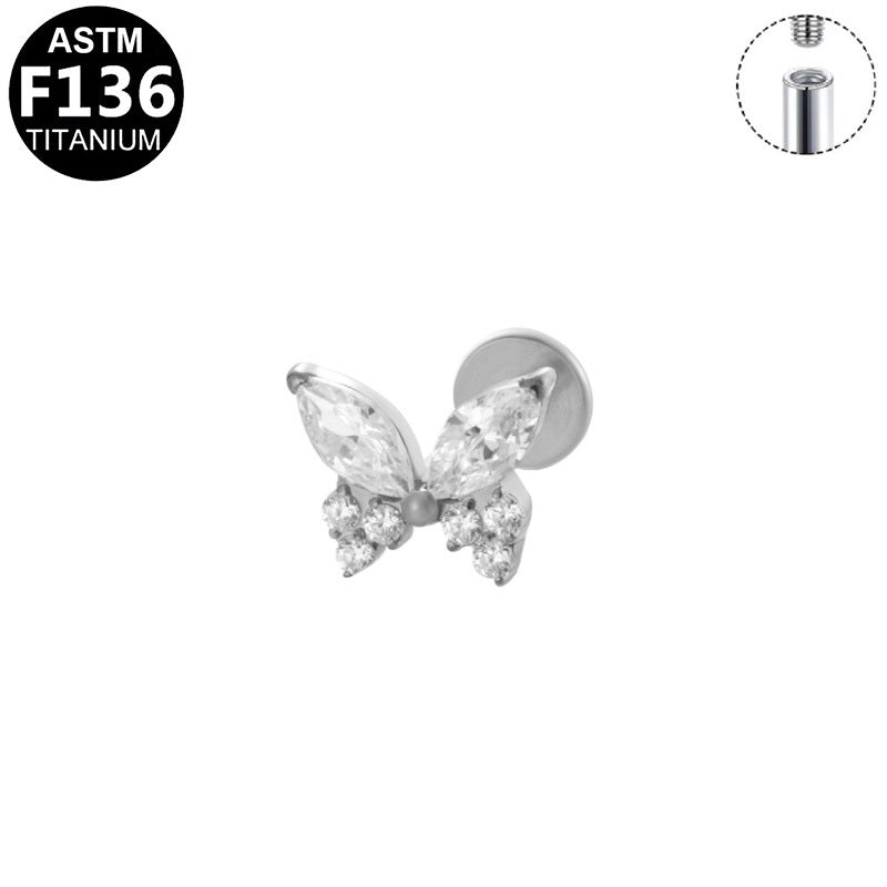 ASTM F136 Titanium 16G Internal Thread Labret Stud Marquise & Round CZ Butterfly Helix Cartilage Hypoallergenic Piercing Jewelry