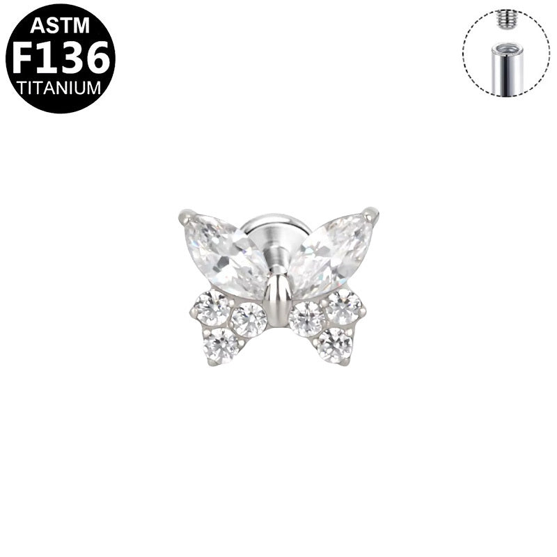 ASTM F136 Titanium 16G Internal Thread Labret Stud Marquise & Round CZ Butterfly Helix Cartilage Hypoallergenic Piercing Jewelry