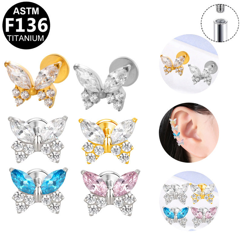 ASTM F136 Titanium 16G Internal Thread Labret Stud Colored Marquise CZ Butterfly Helix Cartilage Hypoallergenic Piercing Jewelry