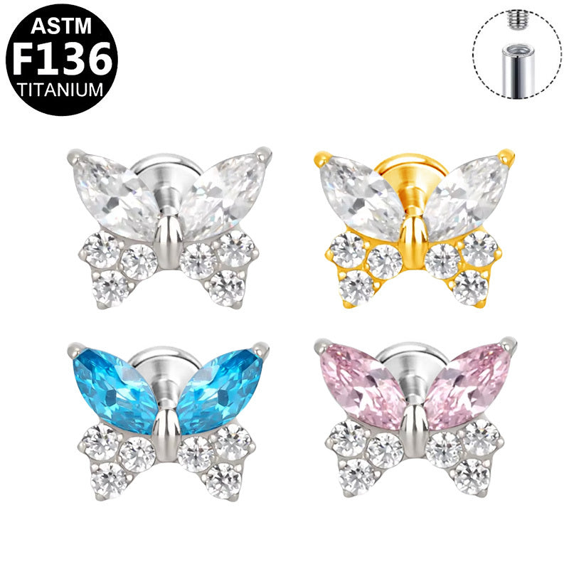 ASTM F136 Titanium 16G Internal Thread Labret Stud Colored Marquise CZ Butterfly Helix Cartilage Hypoallergenic Piercing Jewelry