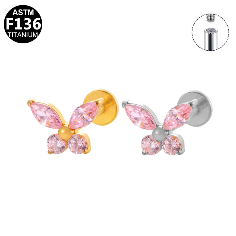 ASTM F136 Titanium 16G Internal Thread Labret Stud Pink Marquise & Round CZ Butterfly Helix Cartilage Hypoallergenic Piercing Jewelry