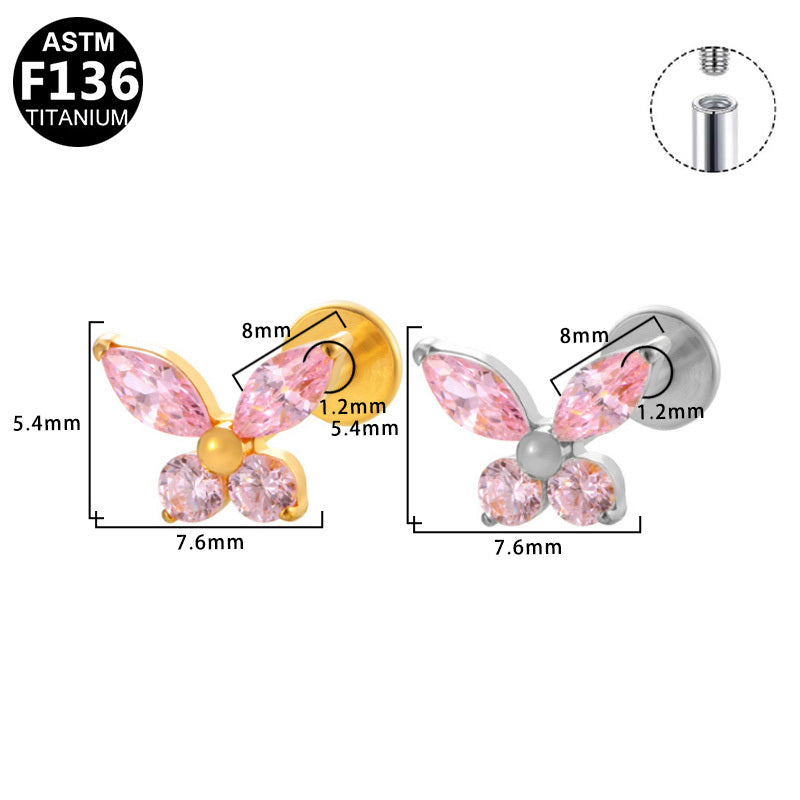 ASTM F136 Titanium 16G Internal Thread Labret Stud Pink Marquise & Round CZ Butterfly Helix Cartilage Hypoallergenic Piercing Jewelry