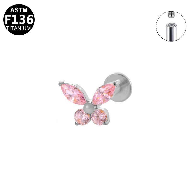 ASTM F136 Titanium 16G Internal Thread Labret Stud Pink Marquise & Round CZ Butterfly Helix Cartilage Hypoallergenic Piercing Jewelry