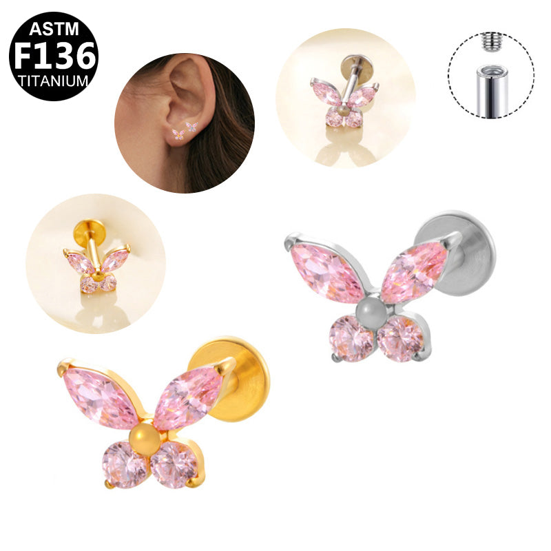 ASTM F136 Titanium 16G Internal Thread Labret Stud Pink Marquise & Round CZ Butterfly Helix Cartilage Hypoallergenic Piercing Jewelry