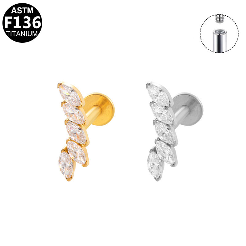 ASTM F136 Titanium 16G Internal Thread Labret Stud Five Marquise CZ Vertical Curved Helix Cartilage Hypoallergenic Piercing Jewelry