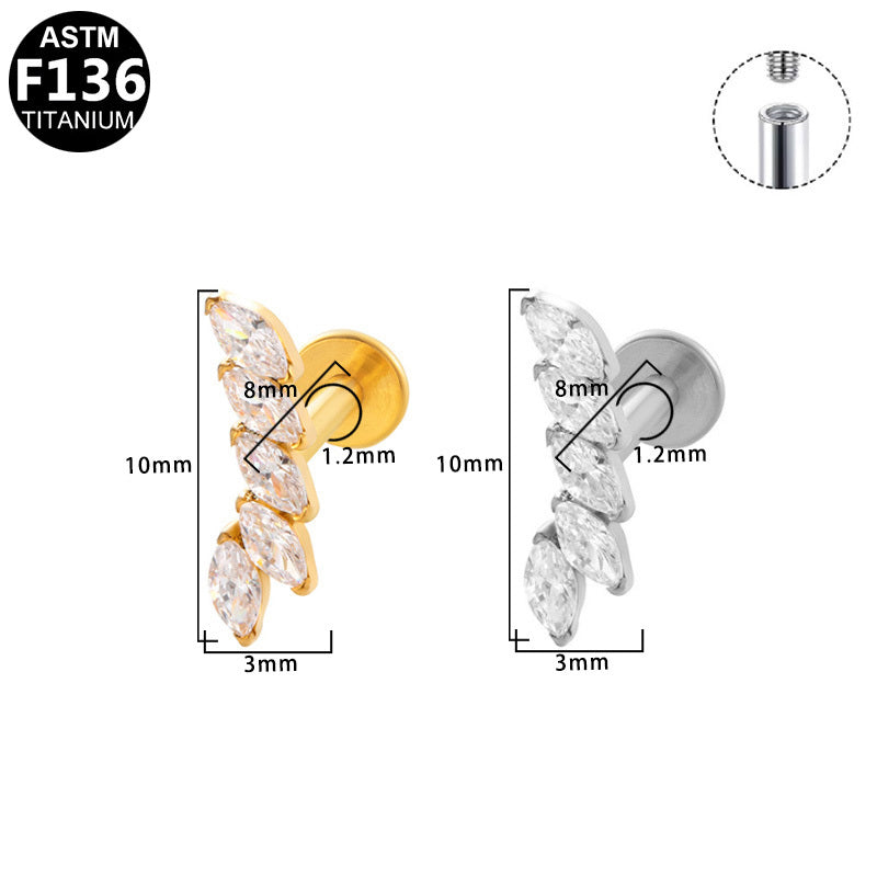 ASTM F136 Titanium 16G Internal Thread Labret Stud Five Marquise CZ Vertical Curved Helix Cartilage Hypoallergenic Piercing Jewelry
