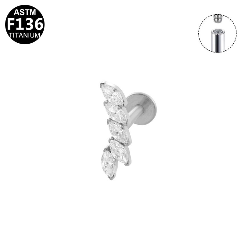 ASTM F136 Titanium 16G Internal Thread Labret Stud Five Marquise CZ Vertical Curved Helix Cartilage Hypoallergenic Piercing Jewelry