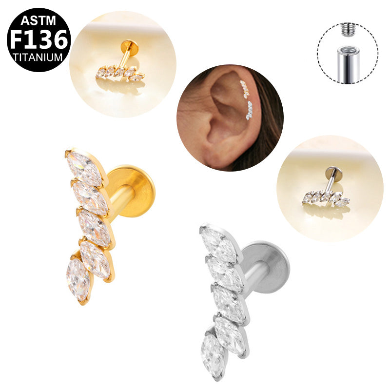 ASTM F136 Titanium 16G Internal Thread Labret Stud Five Marquise CZ Vertical Curved Helix Cartilage Hypoallergenic Piercing Jewelry