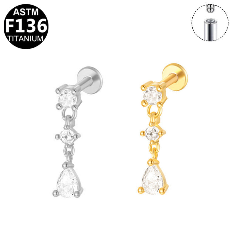 ASTM F136 Titanium 16G Internal Thread Labret Stud Double Round CZ Teardrop Dangle Chains Helix Cartilage Hypoallergenic Piercing Jewelry