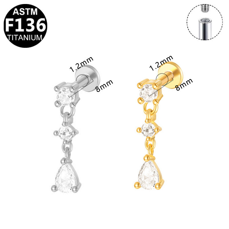 ASTM F136 Titanium 16G Internal Thread Labret Stud Double Round CZ Teardrop Dangle Chains Helix Cartilage Hypoallergenic Piercing Jewelry
