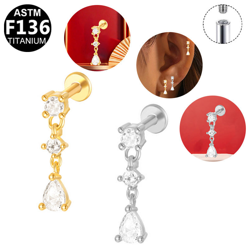 ASTM F136 Titanium 16G Internal Thread Labret Stud Double Round CZ Teardrop Dangle Chains Helix Cartilage Hypoallergenic Piercing Jewelry