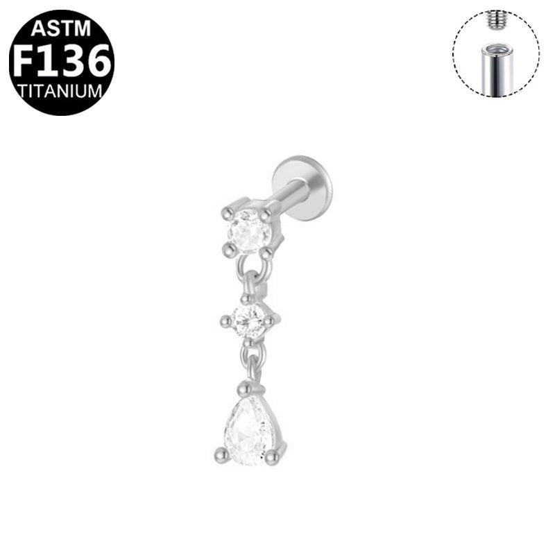 ASTM F136 Titanium 16G Internal Thread Labret Stud Double Round CZ Teardrop Dangle Chains Helix Cartilage Hypoallergenic Piercing Jewelry