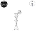 ASTM F136 Titanium 16G Internal Thread Labret Stud Double Round CZ Teardrop Dangle Chains Helix Cartilage Hypoallergenic Piercing Jewelry