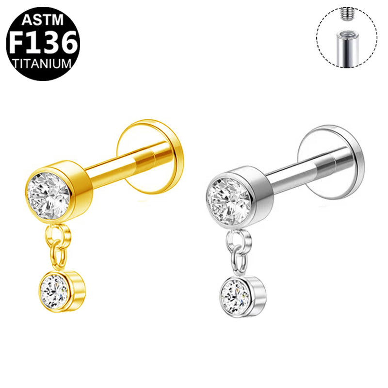 ASTM F136 Titanium 16G Internal Thread Labret Stud Two Round CZ Chains Dangle Hypoallergenic Piercing Jewelry