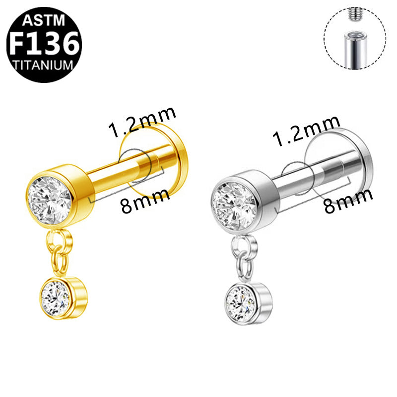 ASTM F136 Titanium 16G Internal Thread Labret Stud Two Round CZ Chains Dangle Hypoallergenic Piercing Jewelry