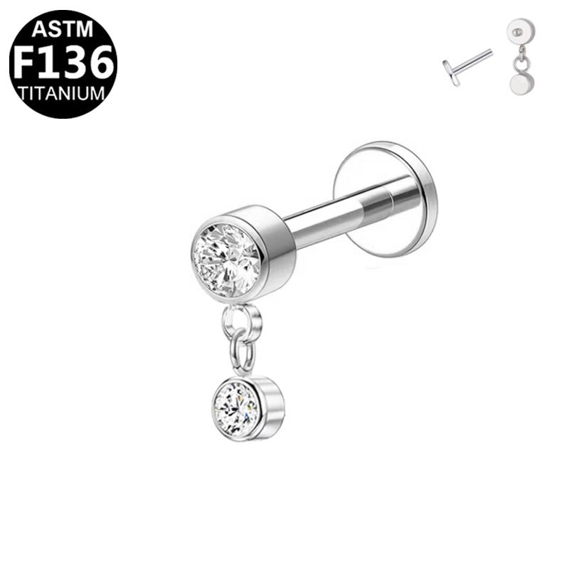 ASTM F136 Titanium 16G Internal Thread Labret Stud Two Round CZ Chains Dangle Hypoallergenic Piercing Jewelry