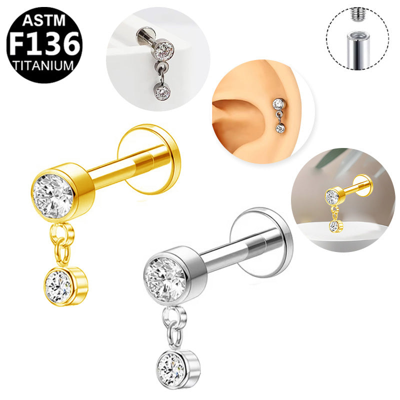 ASTM F136 Titanium 16G Internal Thread Labret Stud Two Round CZ Chains Dangle Hypoallergenic Piercing Jewelry