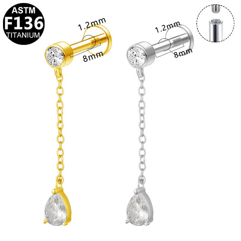ASTM F136 Titanium 16G Internal Thread Labret Stud Round CZ Long Chains Teardrop Dangle Hypoallergenic Piercing Jewelry