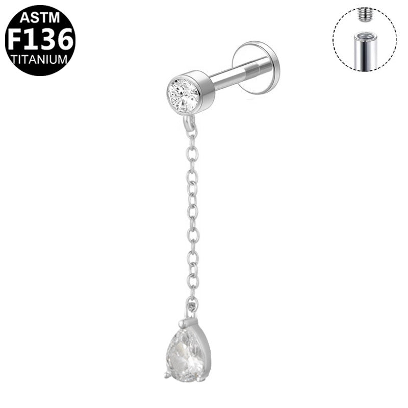 ASTM F136 Titanium 16G Internal Thread Labret Stud Round CZ Long Chains Teardrop Dangle Hypoallergenic Piercing Jewelry