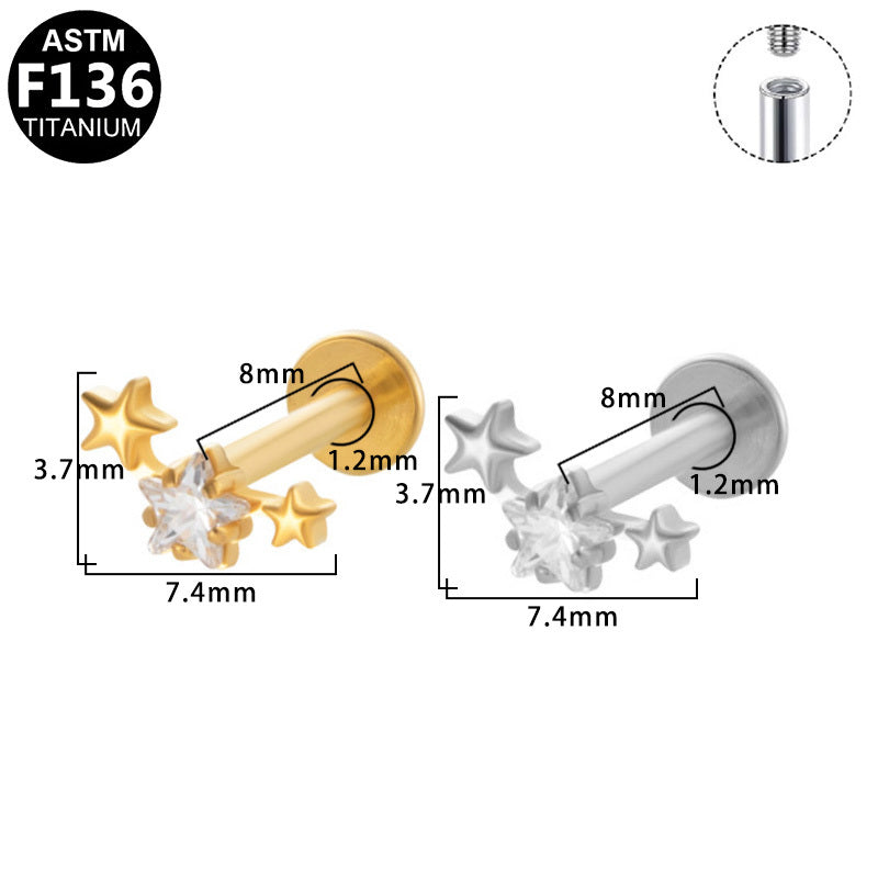 ASTM F136 Titanium 16G Internal Thread Labret Stud Triple Star CZ Cluster Hypoallergenic Piercing Jewelry