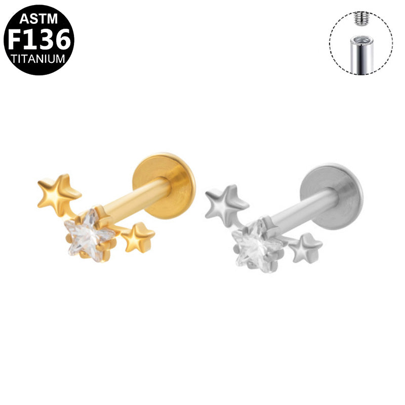 ASTM F136 Titanium 16G Internal Thread Labret Stud Triple Star CZ Cluster Hypoallergenic Piercing Jewelry