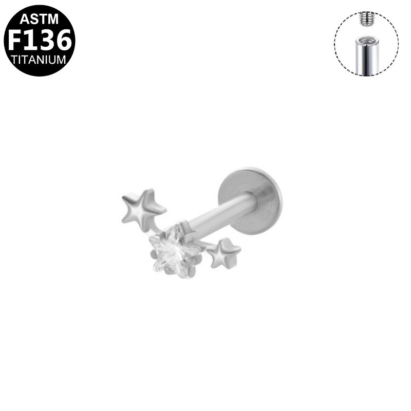 ASTM F136 Titanium 16G Internal Thread Labret Stud Triple Star CZ Cluster Hypoallergenic Piercing Jewelry