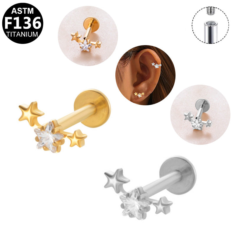 ASTM F136 Titanium 16G Internal Thread Labret Stud Triple Star CZ Cluster Hypoallergenic Piercing Jewelry