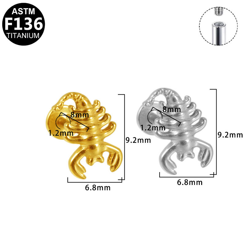 ASTM F136 Titanium 16G Internal Thread Labret Stud 3D Scorpion Helix Cartilage Hypoallergenic Piercing Jewelry