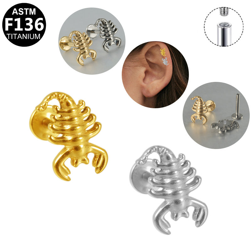 ASTM F136 Titanium 16G Internal Thread Labret Stud 3D Scorpion Helix Cartilage Hypoallergenic Piercing Jewelry