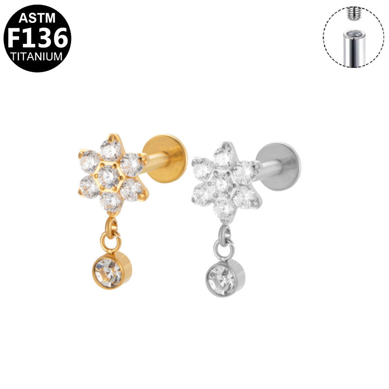 ASTM F136 Titanium 16G Internal Thread Labret Stud Six Point Star Paved CZ With Dangle Round Zircon Helix Cartilage Hypoallergenic Piercing Jewelry