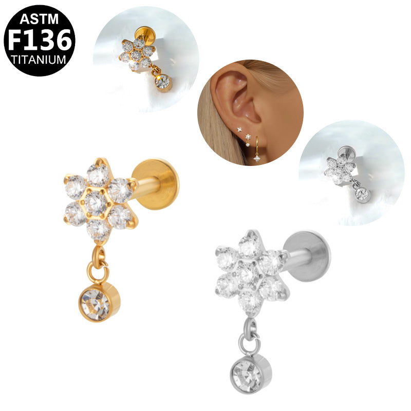 ASTM F136 Titanium 16G Internal Thread Labret Stud Six Point Star Paved CZ With Dangle Round Zircon Helix Cartilage Hypoallergenic Piercing Jewelry