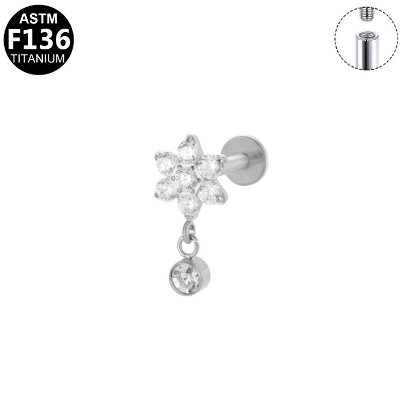 ASTM F136 Titanium 16G Internal Thread Labret Stud Six Point Star Paved CZ With Dangle Round Zircon Helix Cartilage Hypoallergenic Piercing Jewelry