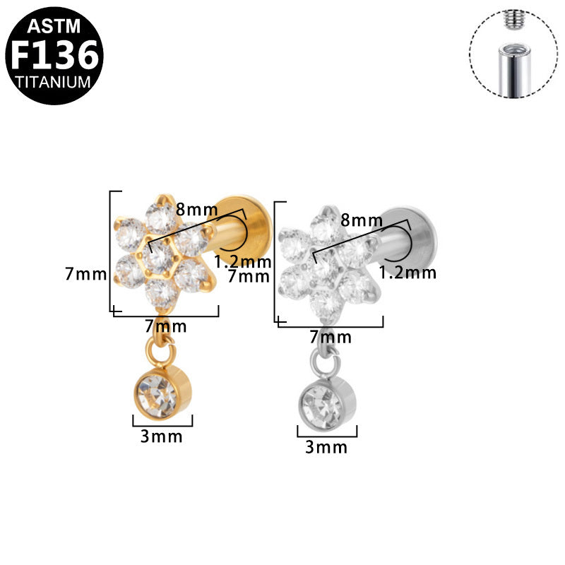 ASTM F136 Titanium 16G Internal Thread Labret Stud Six Point Star Paved CZ With Dangle Round Zircon Helix Cartilage Hypoallergenic Piercing Jewelry