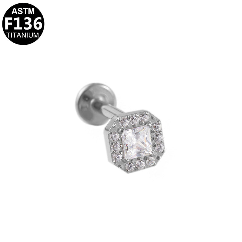ASTM F136 Titanium 16G Internal Thread Labret Stud Square CZ Octagon Halo Helix Cartilage Hypoallergenic Piercing Jewelry
