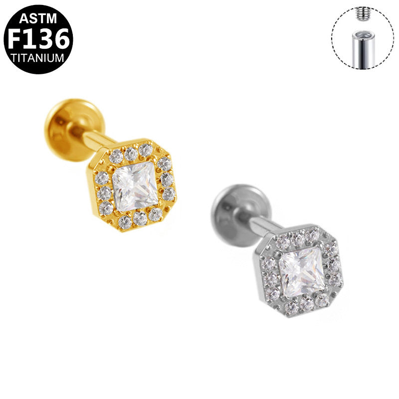ASTM F136 Titanium 16G Internal Thread Labret Stud Square CZ Octagon Halo Helix Cartilage Hypoallergenic Piercing Jewelry