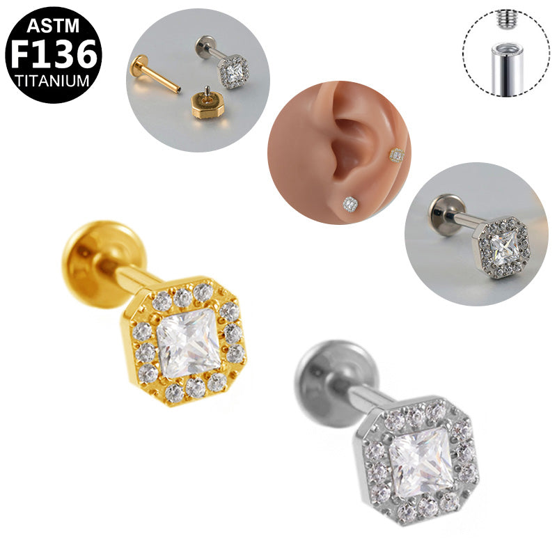 ASTM F136 Titanium 16G Internal Thread Labret Stud Square CZ Octagon Halo Helix Cartilage Hypoallergenic Piercing Jewelry