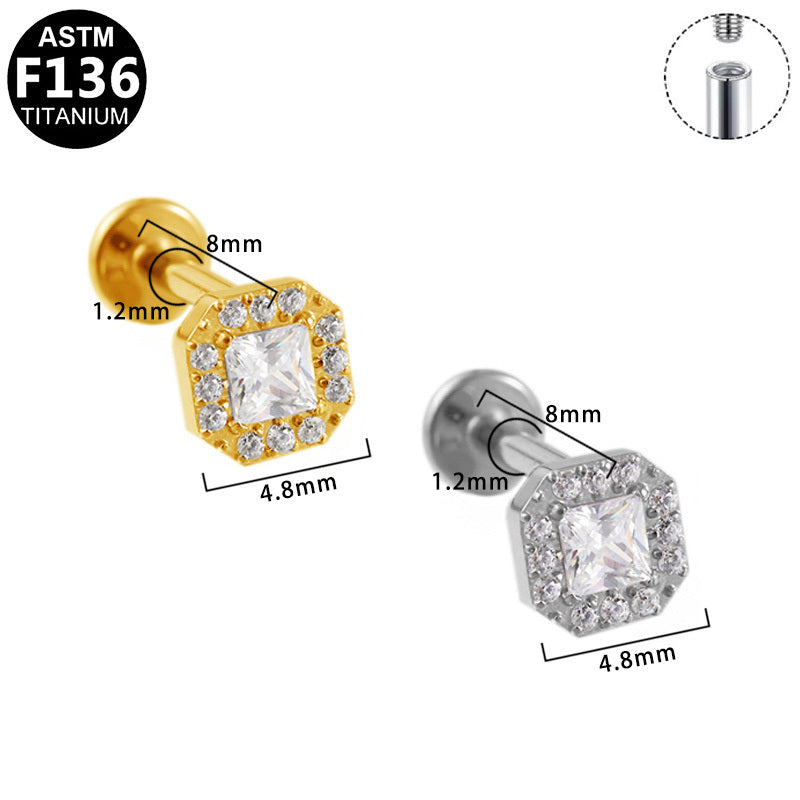 ASTM F136 Titanium 16G Internal Thread Labret Stud Square CZ Octagon Halo Helix Cartilage Hypoallergenic Piercing Jewelry