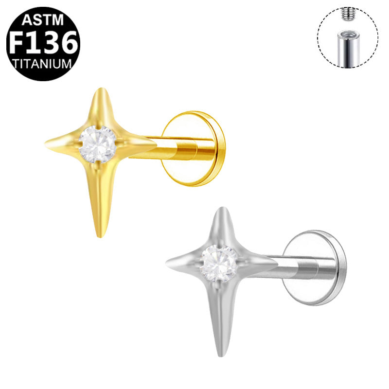 ASTM F136 Titanium 16G Internal Thread Labret Stud Four Pointed Star Single CZ Center  Hypoallergenic Piercing Jewelry