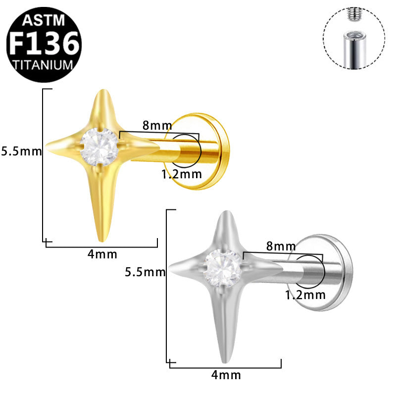 ASTM F136 Titanium 16G Internal Thread Labret Stud Four Pointed Star Single CZ Center  Hypoallergenic Piercing Jewelry