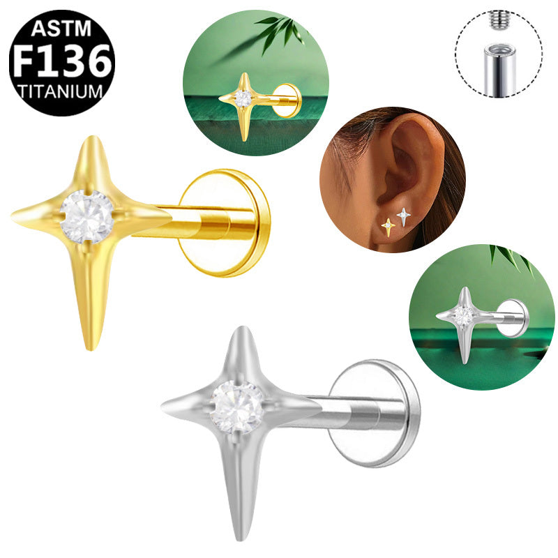 ASTM F136 Titanium 16G Internal Thread Labret Stud Four Pointed Star Single CZ Center  Hypoallergenic Piercing Jewelry