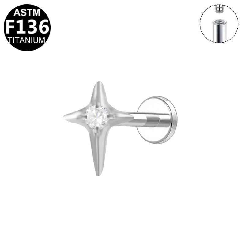 ASTM F136 Titanium 16G Internal Thread Labret Stud Four Pointed Star Single CZ Center  Hypoallergenic Piercing Jewelry
