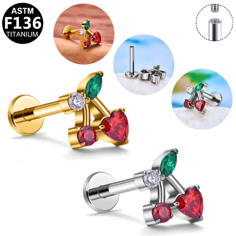ASTM F136 Titanium 16G Internal Thread Labret Stud Cherry Heart Colored CZ Hypoallergenic Piercing Jewelry