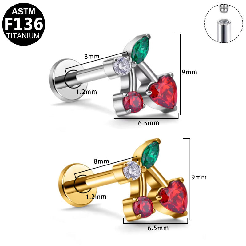 ASTM F136 Titanium 16G Internal Thread Labret Stud Cherry Heart Colored CZ Hypoallergenic Piercing Jewelry