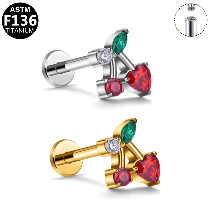 ASTM F136 Titanium 16G Internal Thread Labret Stud Cherry Heart Colored CZ Hypoallergenic Piercing Jewelry