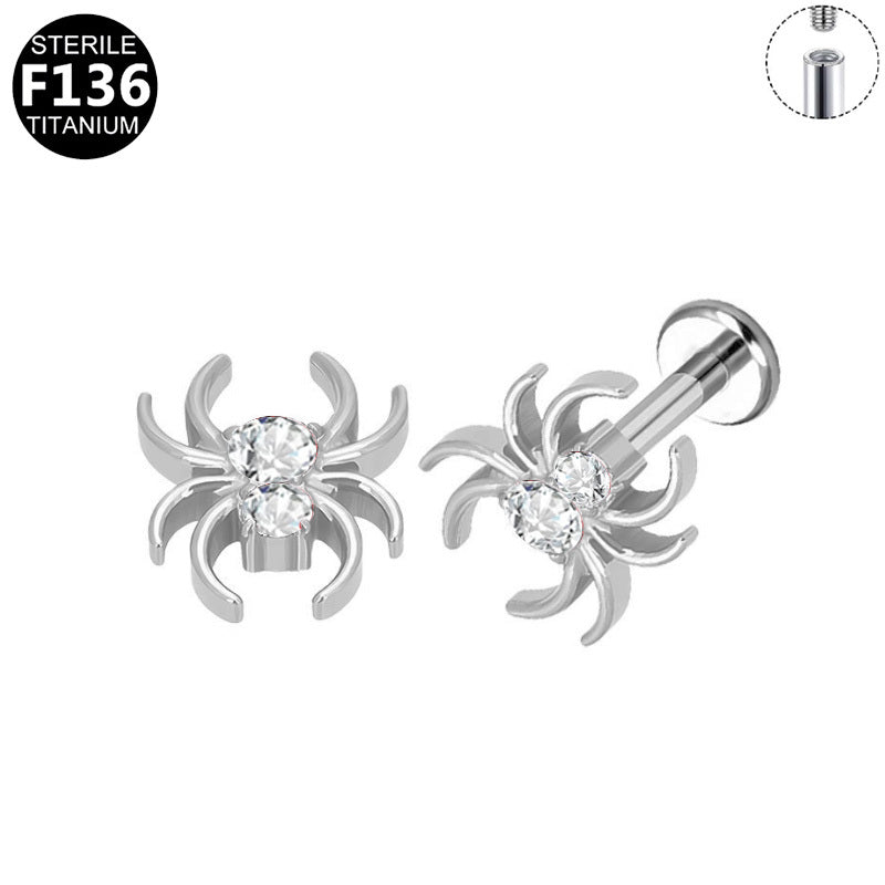 ASTM F136 Titanium 16G Internal Thread Labret Stud CZ Dual Crystal Spider Hypoallergenic Piercing Jewelry