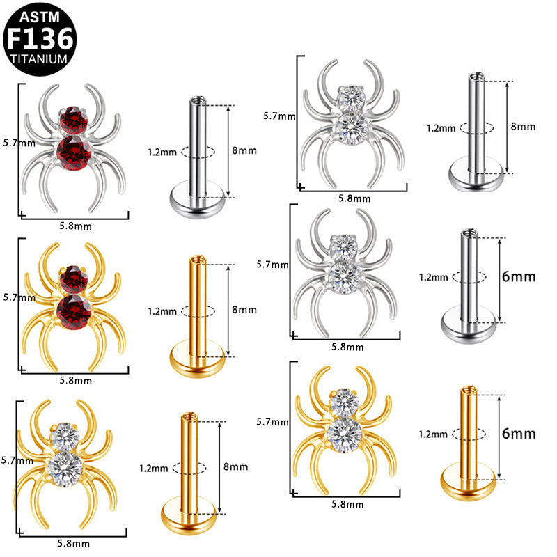 ASTM F136 Titanium 16G Internal Thread Labret Stud CZ Dual Crystal Spider Hypoallergenic Piercing Jewelry