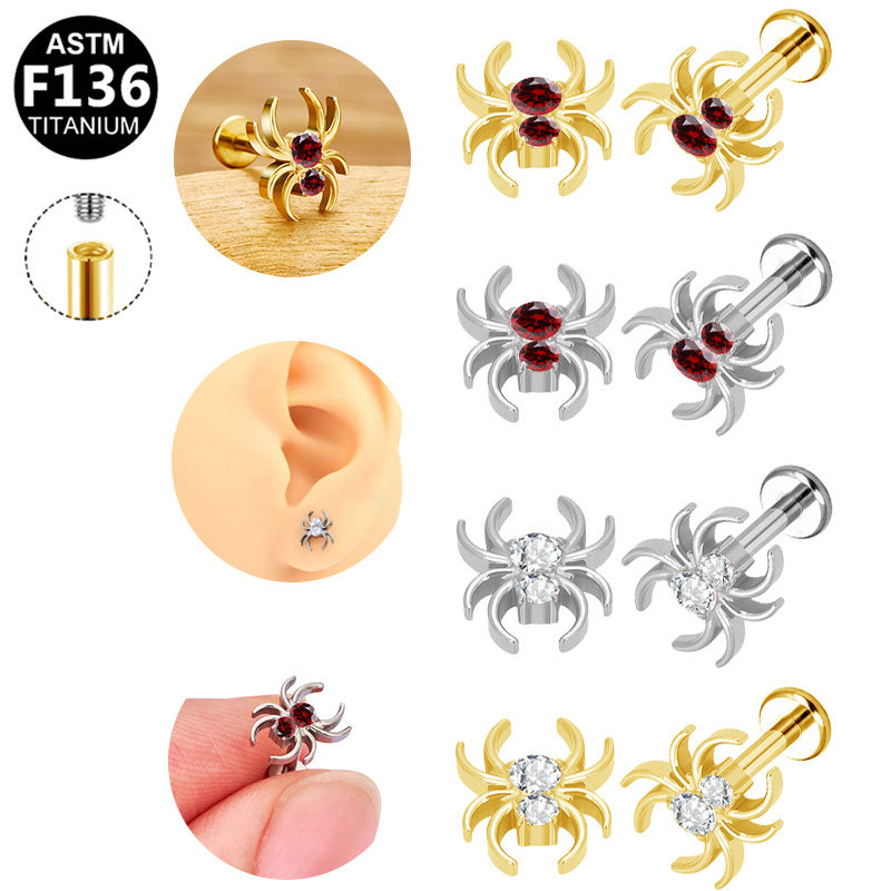 ASTM F136 Titanium 16G Internal Thread Labret Stud Red CZ Spider Hypoallergenic Piercing Jewelry