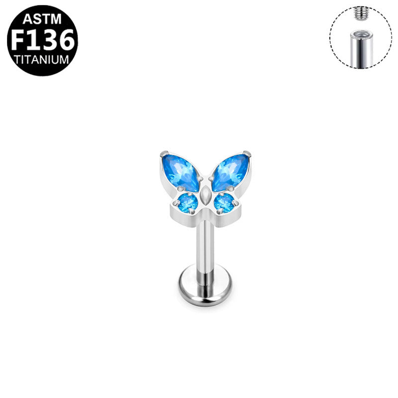 ASTM F136 Titanium 16G Internal Thread Labret Stud Marquise Round Colored CZ Butterfly Hypoallergenic Piercing Jewelry